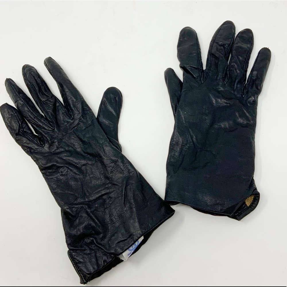 😻VTG Fownes Black Leather Gloves Cashmere Lining Size 7.5